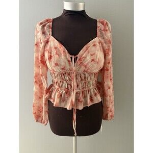 Dizzy Lizzy Blouse M Red Pink Smocked Milkmaid Peasant Boho Festival Hippie New